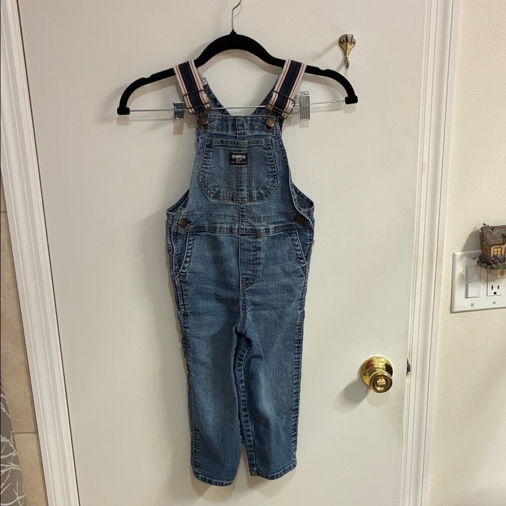 OshKosh B'gosh Blue Denim Overalls with Navy Striped Straps in Sz 4T